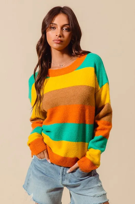 Trendsi SO ME multi-color stripe sweater with ribbed details, featuring vibrant horizontal stripes and cozy knitted texture.