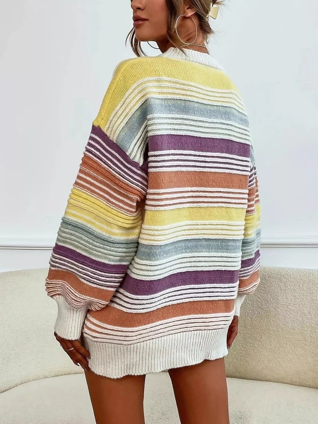 Yellow rainbow striped drop shoulder oversized sweater by Trendsi, featuring colorful horizontal stripes and a relaxed fit.