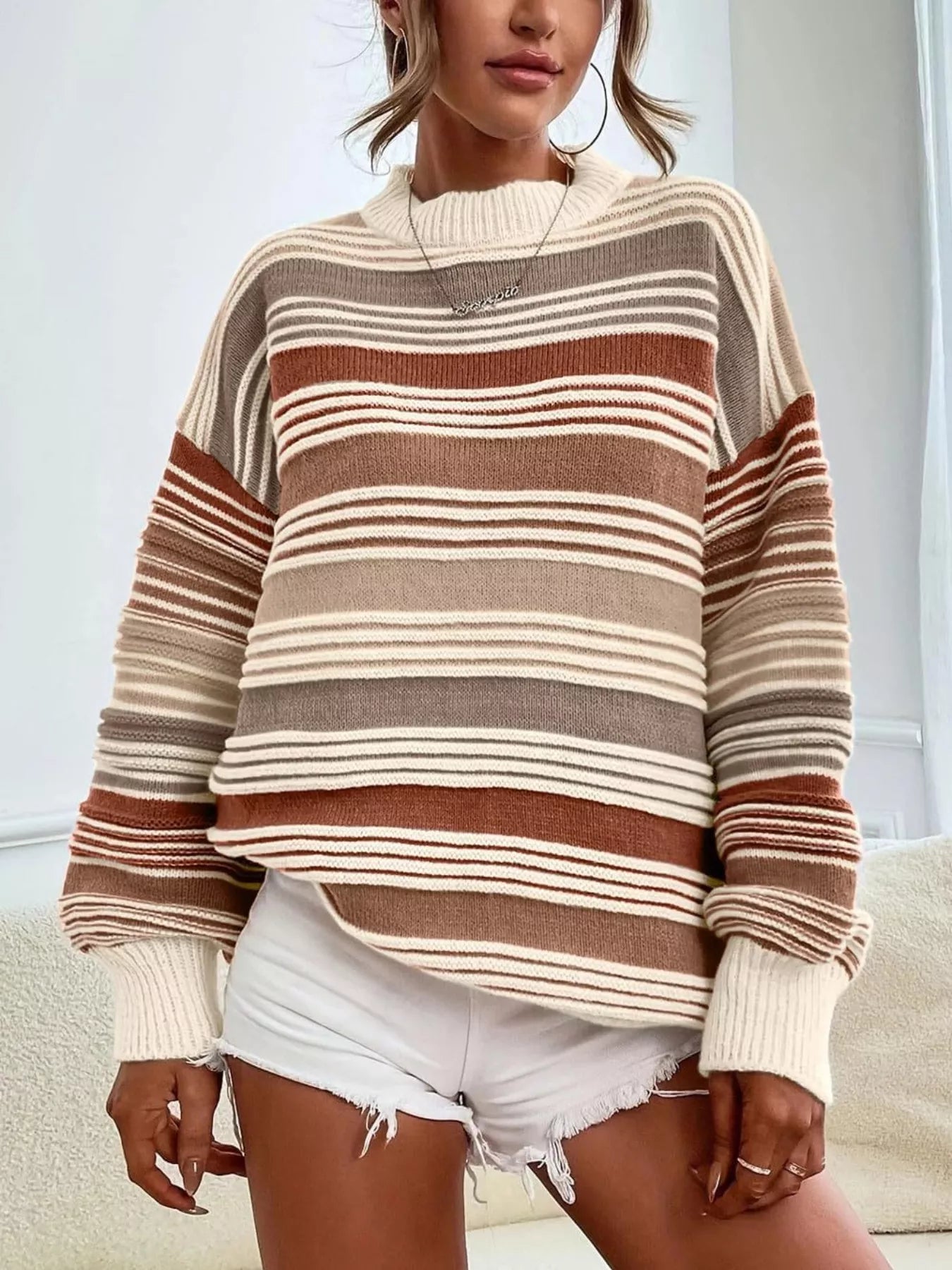 Yellow rainbow striped oversized sweater with drop shoulders and relaxed fit, from Trendsi.