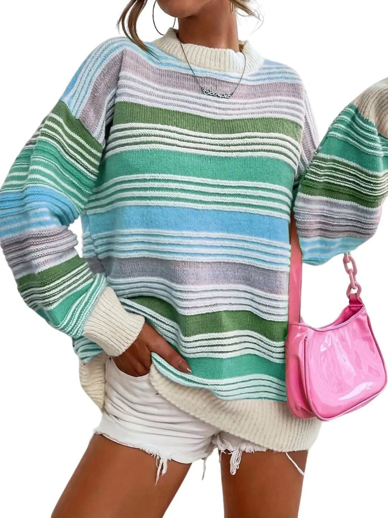 Yellow rainbow striped oversized sweater with drop shoulder design, casual fit, from Trendsi.