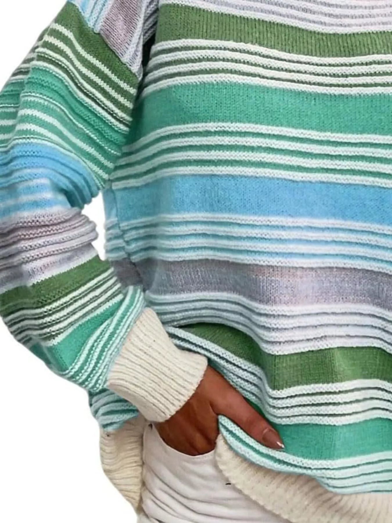 Yellow rainbow striped drop shoulder oversized sweater by Trendsi, featuring colorful horizontal stripes and a relaxed fit.